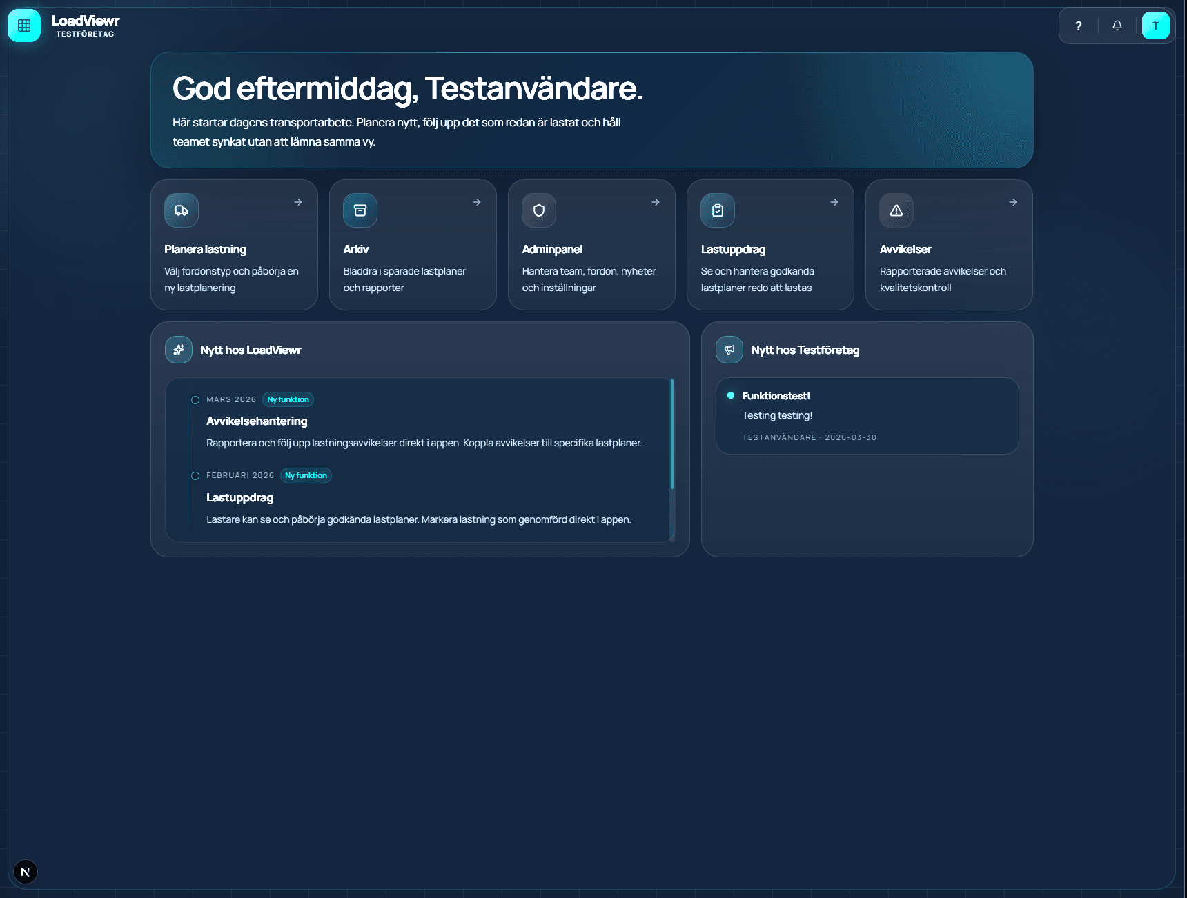 LoadViewr startsida och dashboard